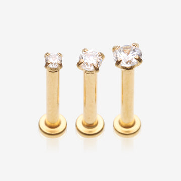 3 Pcs Pack of Assorted Golden Prong Set Sparkle Gem Steel Micro Labret-Clear Gem
